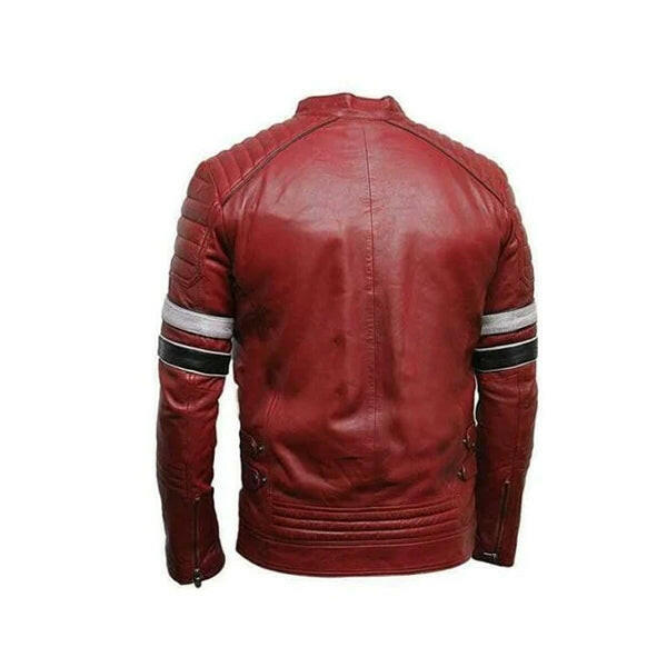Men’s Red Biker Leather Jacket with Striped - AU LeatherX