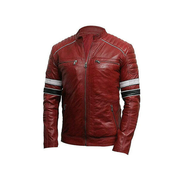 Men’s Red Biker Leather Jacket with Striped - AU LeatherX