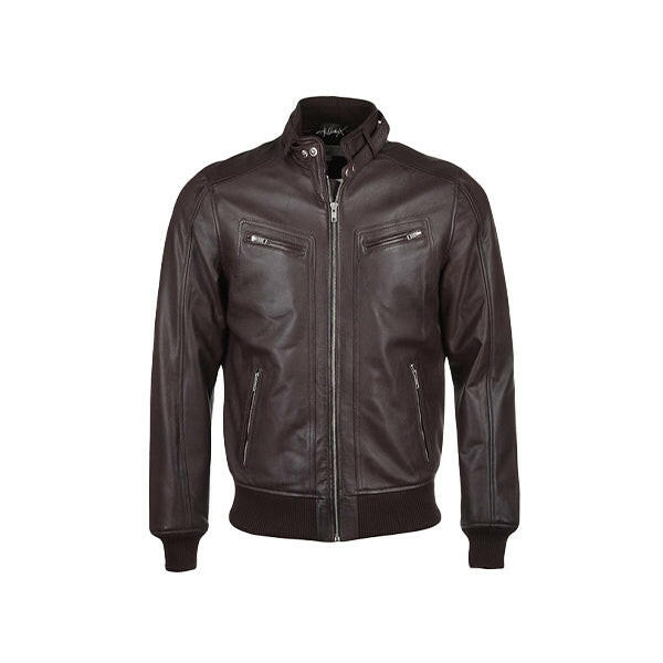 Men’s Snap Double Button Collar Brown Leather Bomber Jacket