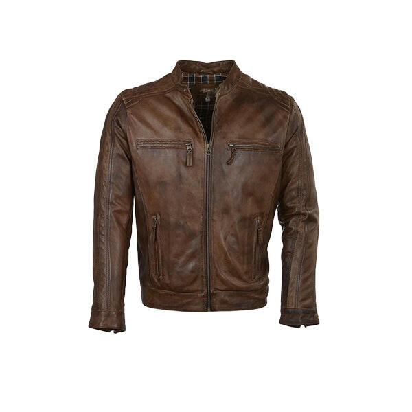 Men’s Quilted Shoulder Brown Cafe Racer Leather Jacket