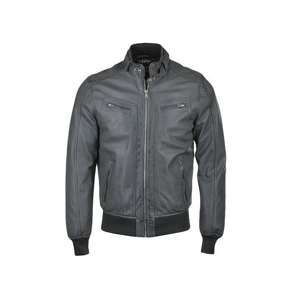 Men’s Snap Double Button Collar Grey Leather Bomber Jacket