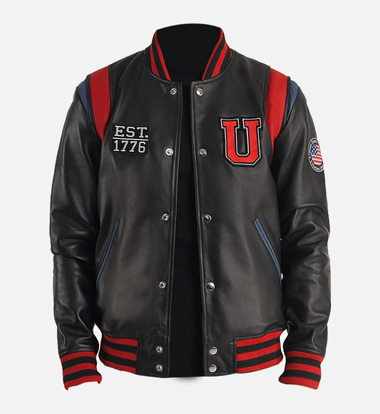 usa liberte black leather varsity jacket for men