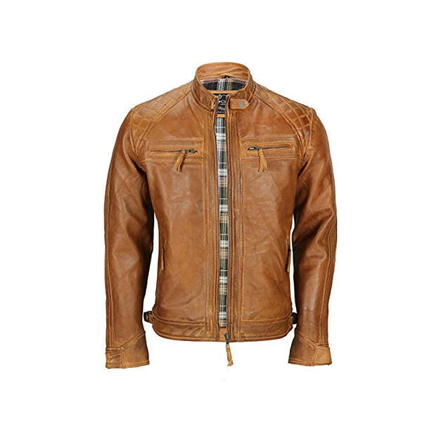 Men's Tan Rust Brown Leather Biker Jacket - AU LeatherX