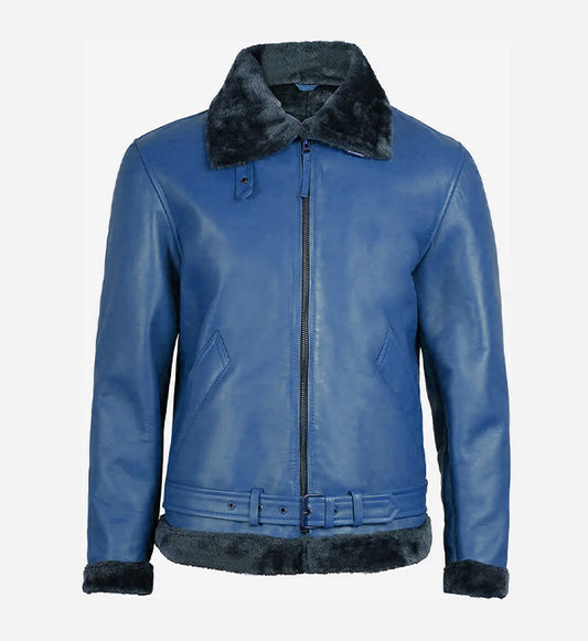 Men's Blue Leather Shearling Bomber Jacket