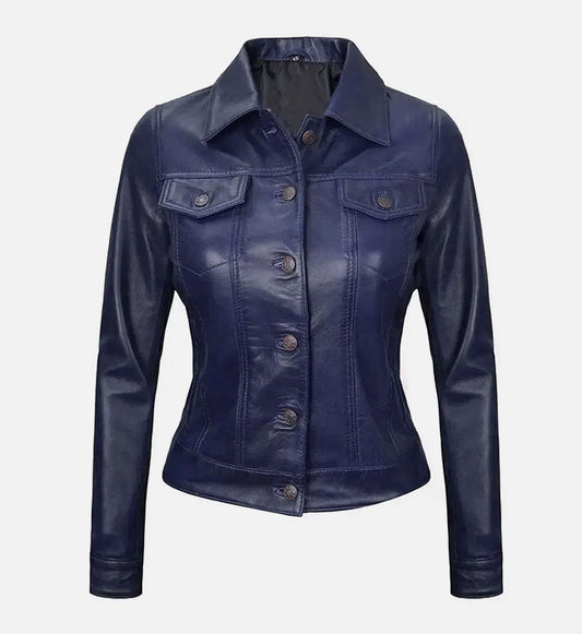 Women's Royal Blue Leather Trucker Jacket