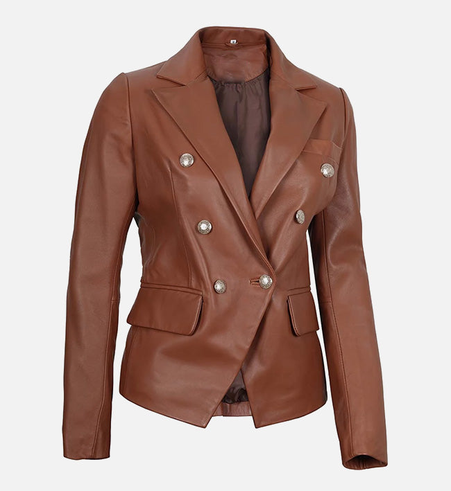 Women's Double Breasted Brown Leather Blazer Jacket