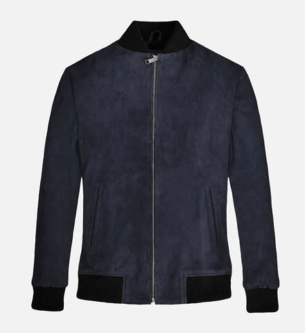 Men's Dark Blue Suede Bomber Jacket