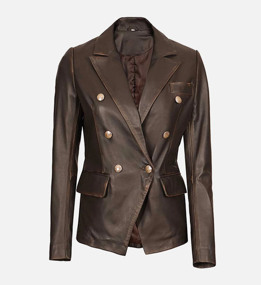 Women's Double-Breasted Rub Off Brown Leather Blazer