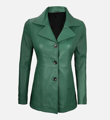 Women's Green  Leather Blazer with Three Button