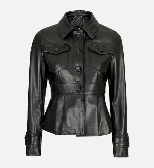 Women's Motorcycle Style Black Leather Trucker Jacket