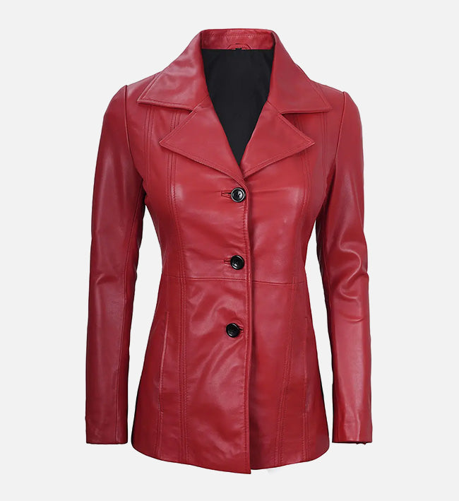 Women's Red Real Leather Blazer Jacket