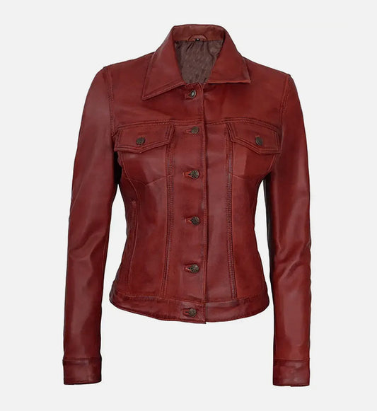 Women's Red Leather Trucker Jacket