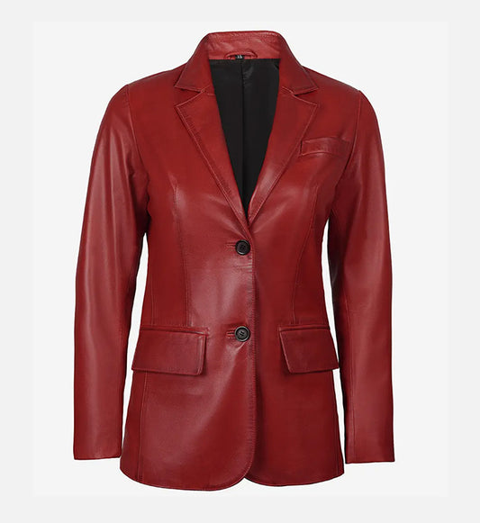 Women's Two Button Red Leather Blazer Jacket