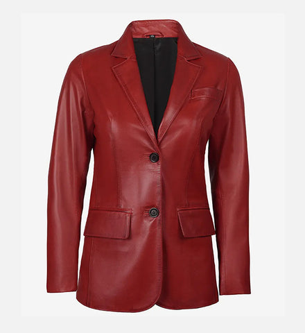 Women's Two Button Red Leather Blazer Jacket