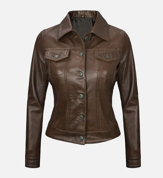 Women's Dark Brown Leather Trucker Jacket