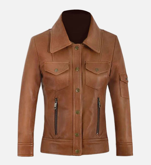 Women's Tan Leather Trucker Jacket