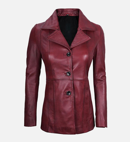 Women's Maroon Leather Blazer with Three Button