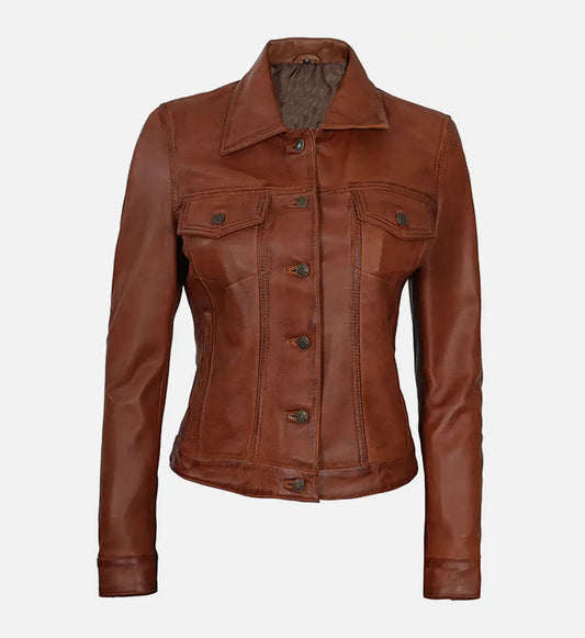 Women's Cognac Brown Trucker Leather Jacket