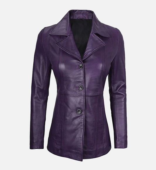 Women's Three Button Real Leather Purple Blazer