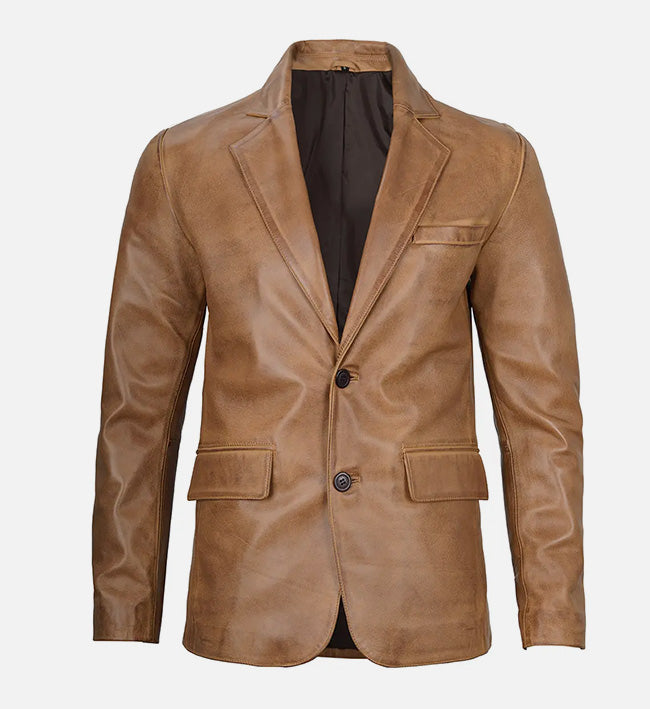 Men's Camel Brown Leather Blazer Jacket