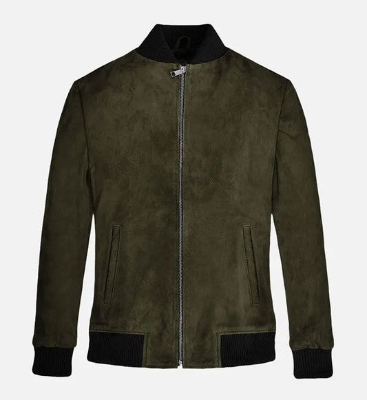 Men's Olive Green Suede Bomber Jacket