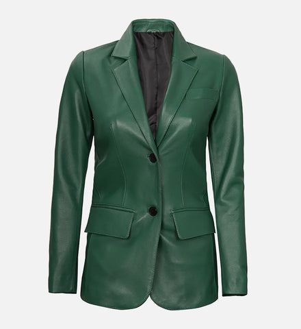 Women's Two Buttons Green Leather Blazer Jacket