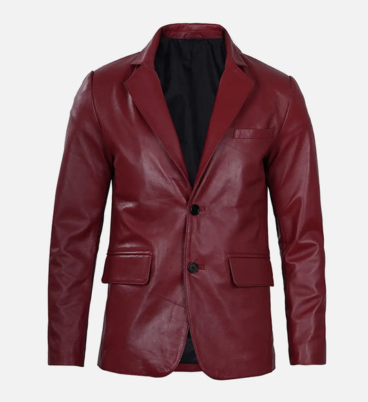 Men's Maroon Leather Blazer Jacket