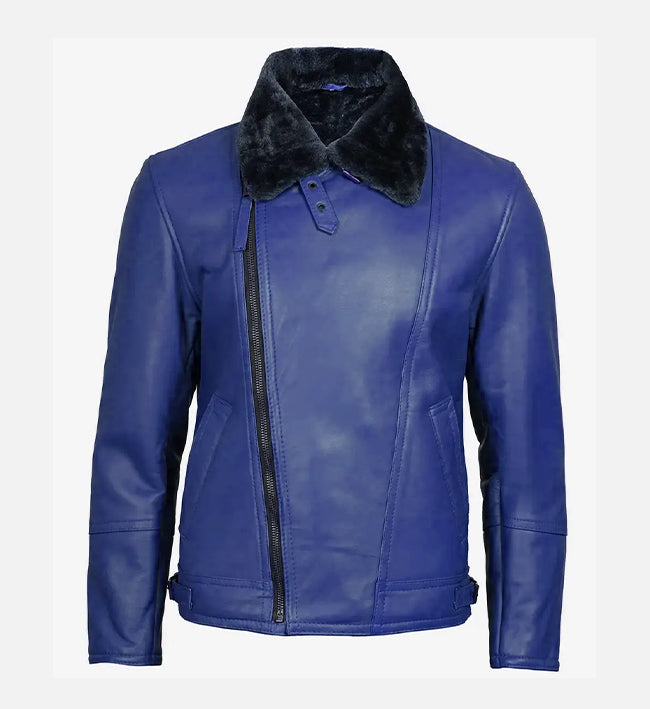 Men's Blue Leather Shearling Moto Jacket