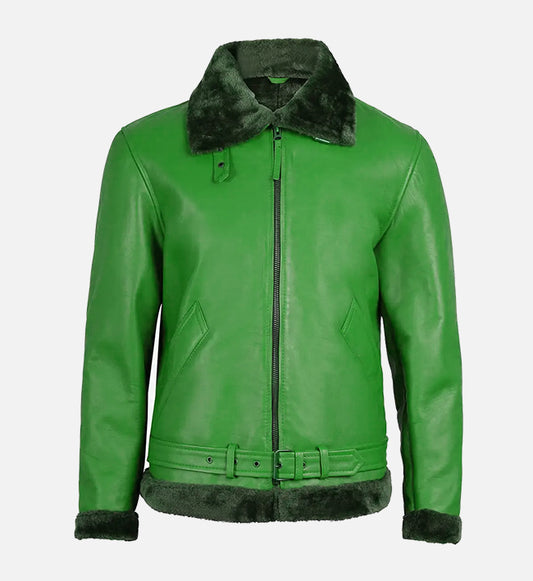 Men's Green Leather Shearling Bomber Jacket