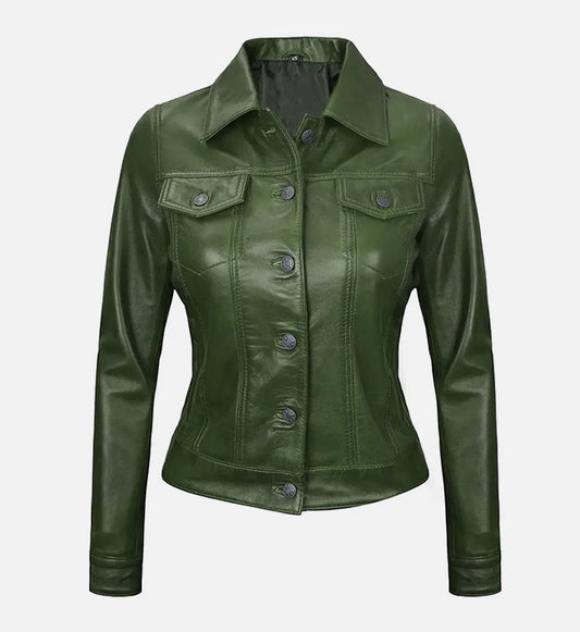 Women's Green Leather Trucker Jacket