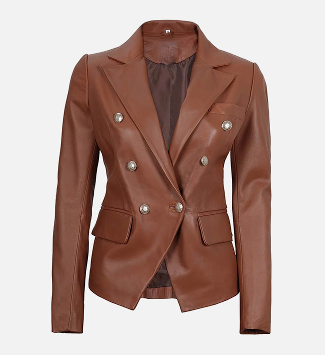 Women's Double Breasted Brown Leather Blazer Jacket