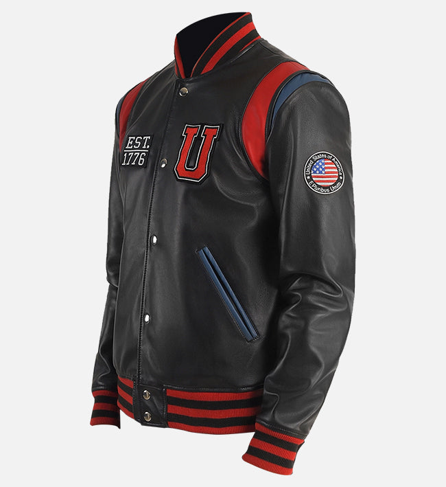 usa liberte black leather varsity jacket for men