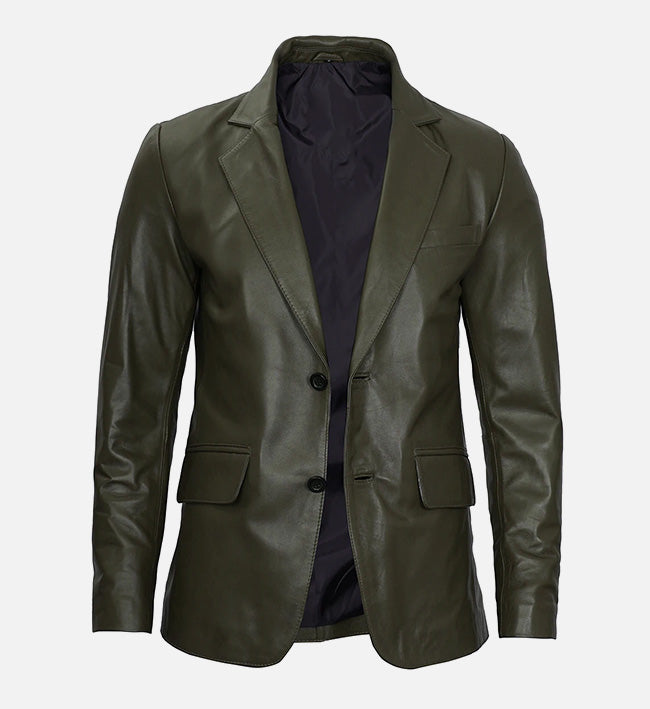 Men's Dark Green  Leather Blazer Jacket