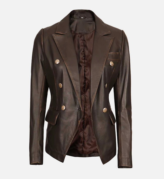 Women's Double-Breasted Rub Off Brown Leather Blazer