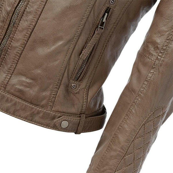 Women’s Short Quilted Shoulder Sand Leather Jacket