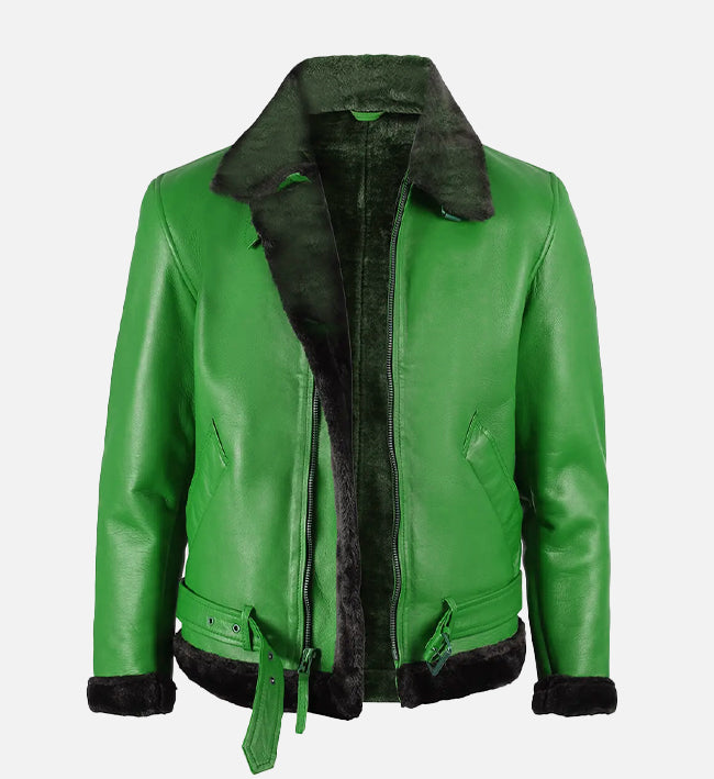 Men's Green Leather Shearling Bomber Jacket