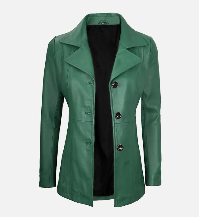 Women's Green  Leather Blazer with Three Button