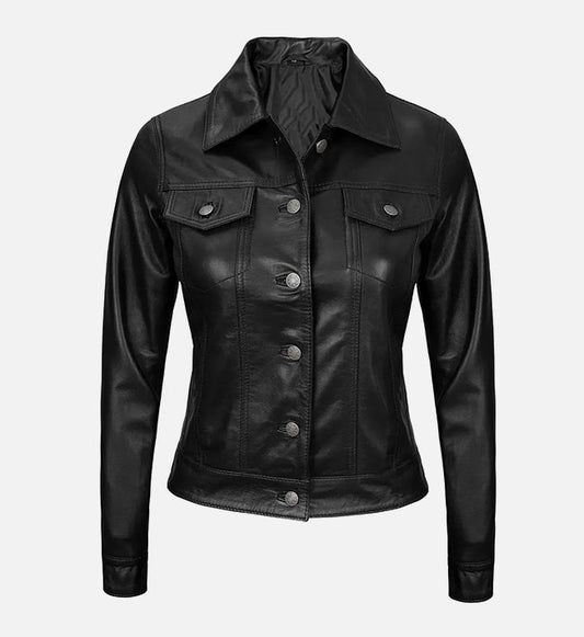 Women's Black Trucker Leather Jacket