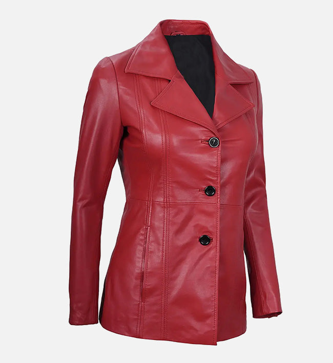 Women's Red Real Leather Blazer Jacket