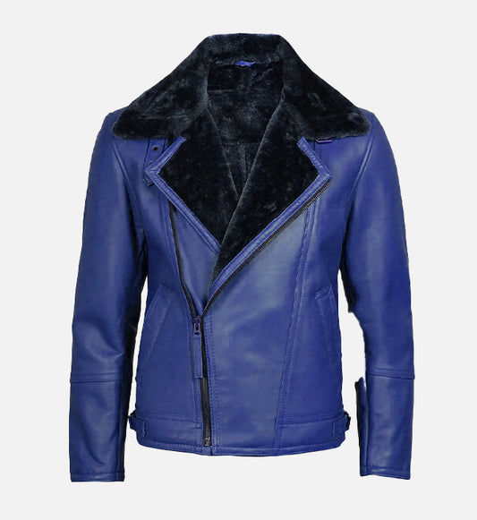 Men's Blue Leather Shearling Moto Jacket