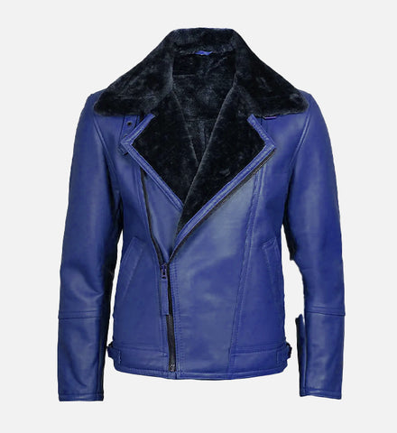 Men's Blue Leather Shearling Moto Jacket