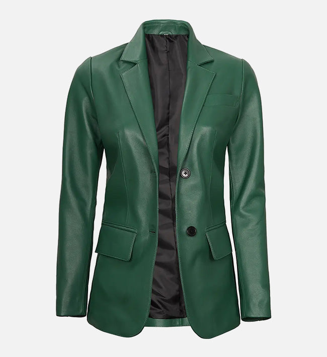 Women's Two Buttons Green Leather Blazer Jacket