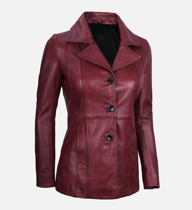 Women's Maroon Leather Blazer with Three Button