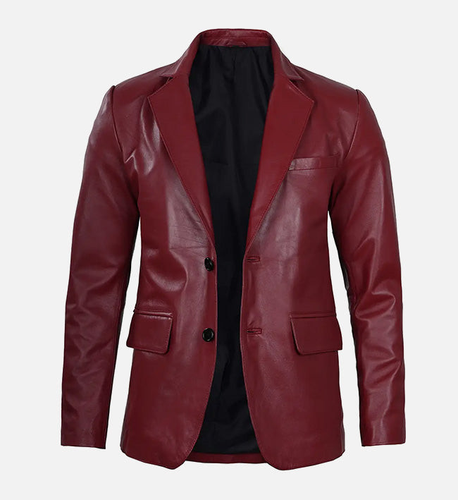 Men's Maroon Leather Blazer Jacket