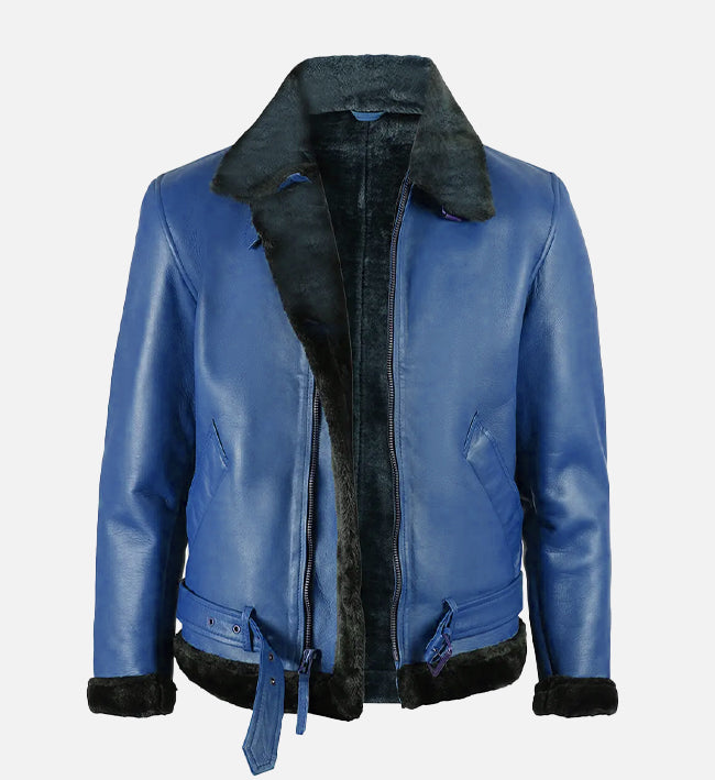 Men's Blue Leather Shearling Bomber Jacket