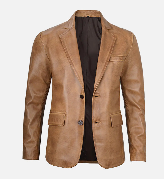 Men's Camel Brown Leather Blazer Jacket