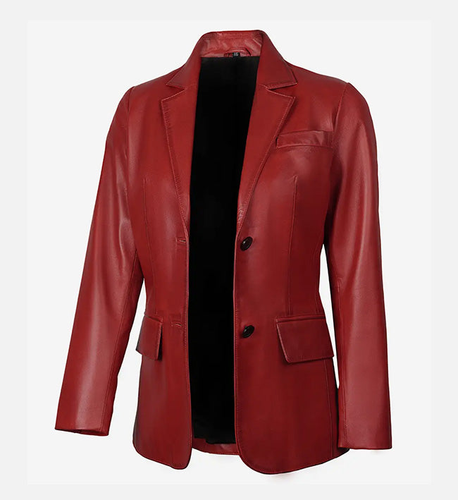 Women's Two Button Red Leather Blazer Jacket