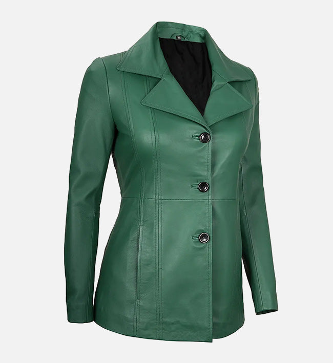 Women's Green  Leather Blazer with Three Button