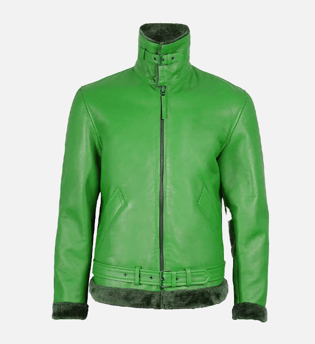 Men's Green Leather Shearling Bomber Jacket