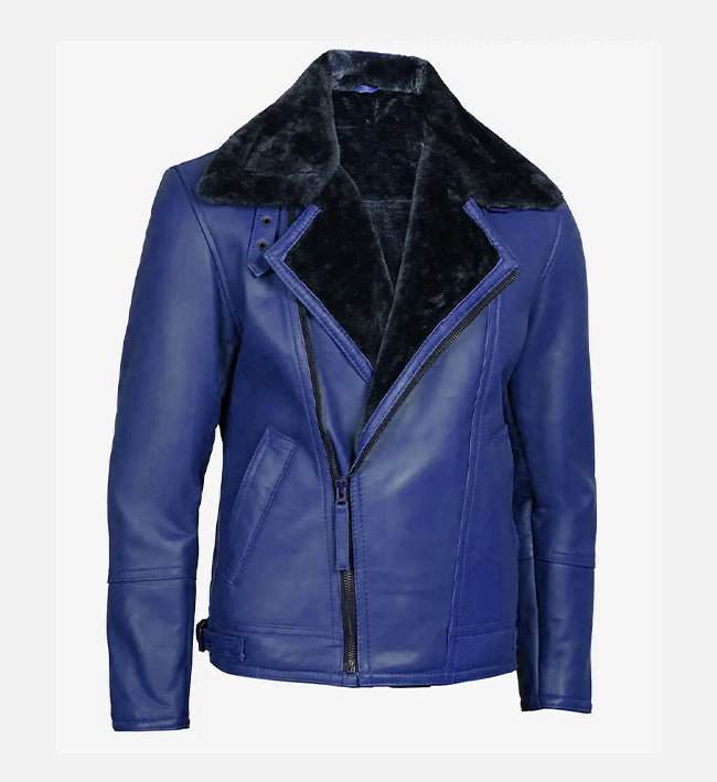 Men's Blue Leather Shearling Moto Jacket